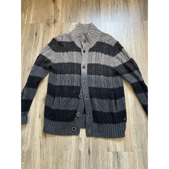 Guess LA Men Black/Gray Long Sleeve Button Up Cable Knit Sweater Cardigan Size L - Picture 1 of 9